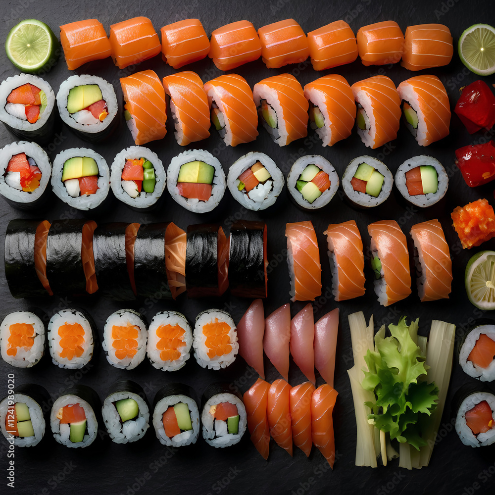 Big sushi set with fresh salmon fish, eel, cucumber on black background. Top view traditional japan food for menu restaurant. Big sushi set with fresh salmon fish, eel, cucumber on black background. Top view traditional japan food for menu restaurant.