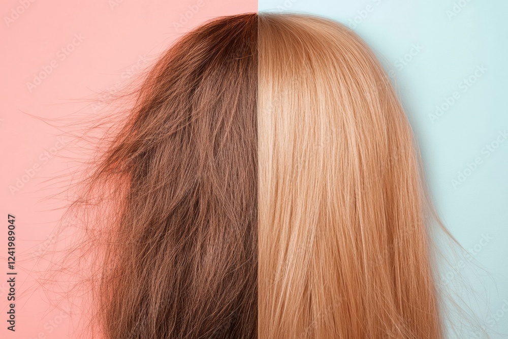 Comparison of damaged dull hair versus shiny healthy hair strands on contrasting backgrounds. Generative AI Comparison of damaged dull hair versus shiny healthy hair strands on contrasting backgrounds. Generative AI