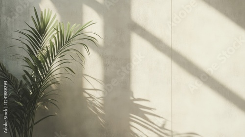 Palm plant shadow on wall, sunlight, interior design, minimalist backdrop