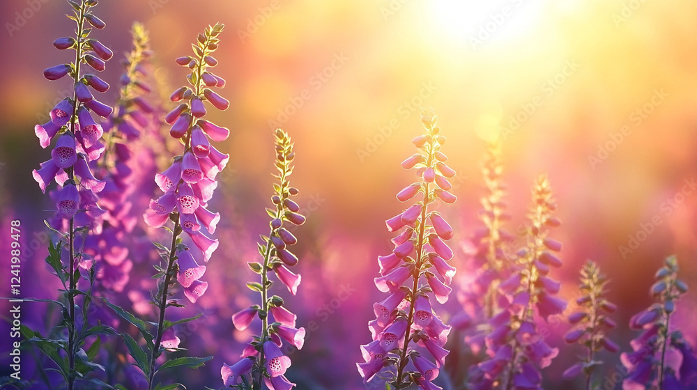 Naklejka premium Closeup of Foxglove flowering plant (Digitalis purpurea) in a garden, symbolizing danger and healing, with modern blurred background, empty space for text.