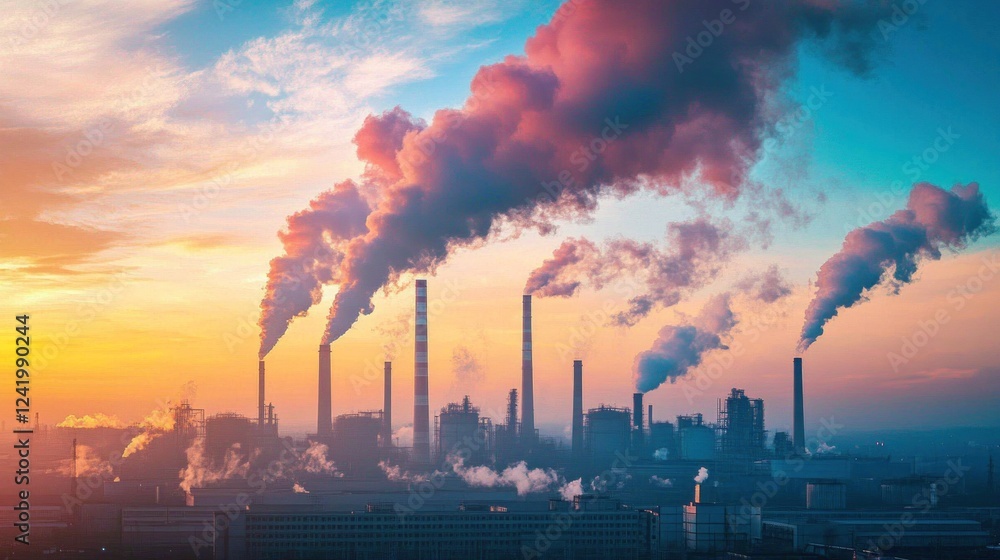 Obraz premium Industrial Pollution at Sunset: A Dramatic Sky