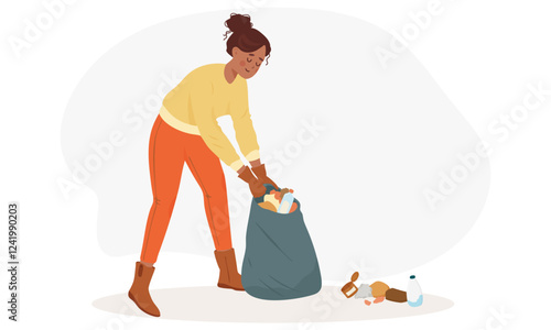 Woman character wearing gloves picking up trash and placing it in bag. Person clean up trash. Volunteer clean up park garbage. Environmental responsibility and waste management. Vector art.