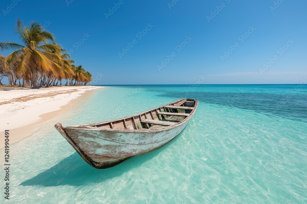 Serene wooden boat anchored in crystal clear blue waters along a pristine tropical beach under a bright sunny sky. Generative AI Serene wooden boat anchored in crystal clear blue waters along a pristine tropical beach under a bright sunny sky. Generative AI