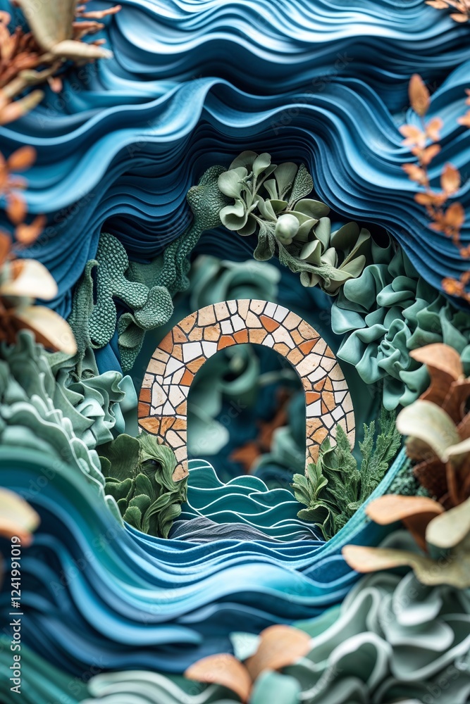 Obraz premium Sculpted Underwater Scene of Stone Archway Coral Reef and Waves in Deep Ocean Blue