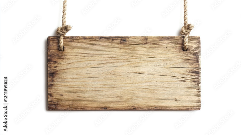 Rustic Wooden Sign Hanging with Rope Isolated on White Rustic Wooden Sign Hanging with Rope Isolated on White