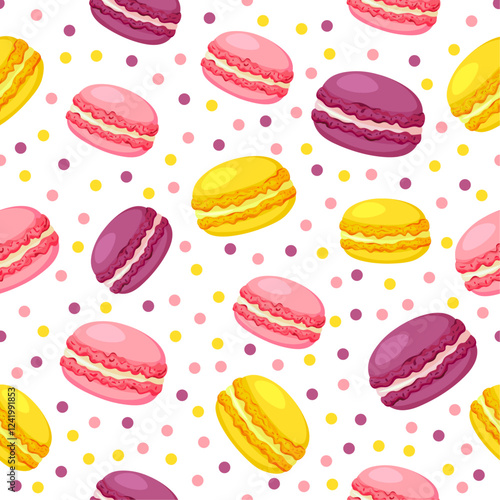 Seamless pattern with yellow,pink and purple macarons with dots isolated on a white background.Vector modern colorful pattern with macarons for packaging, gift wrapping.