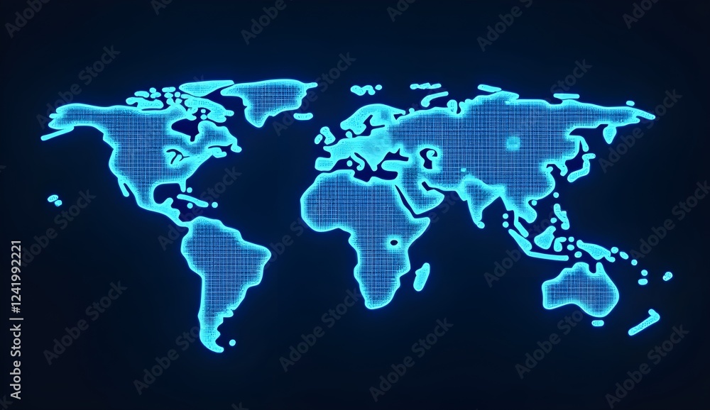 A futuristic digital world map glowing in vibrant blue tones A futuristic digital world map glowing in vibrant blue tones