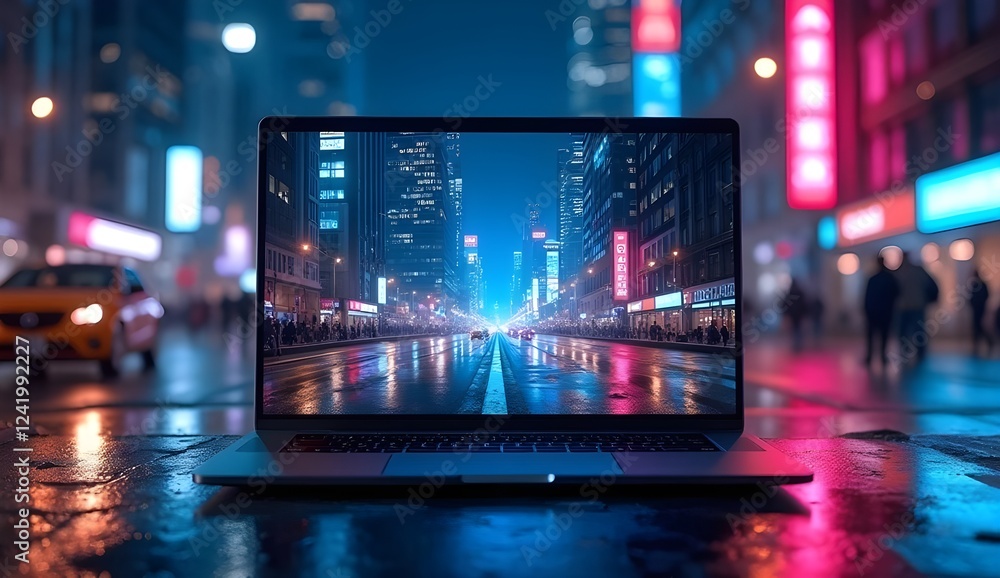 Obraz premium Night Cityscape Reflected on Laptop Screen