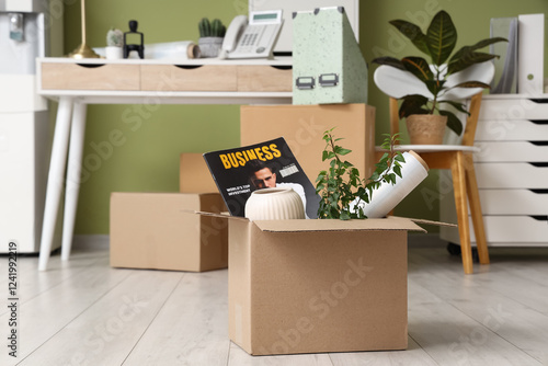 Workplace and cardboard box...
