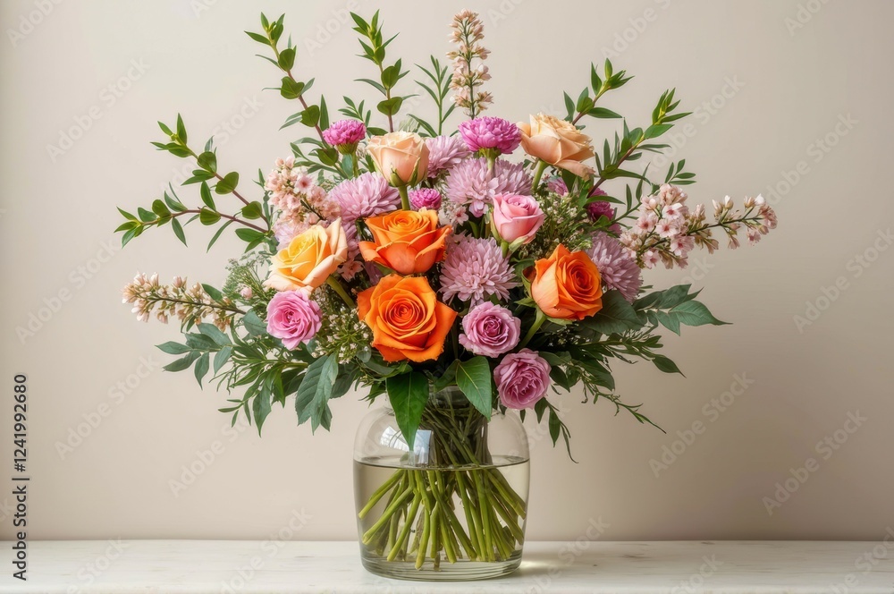 Elegant floral arrangement with pink and orange roses in clear glass vase Elegant floral arrangement with pink and orange roses in clear glass vase