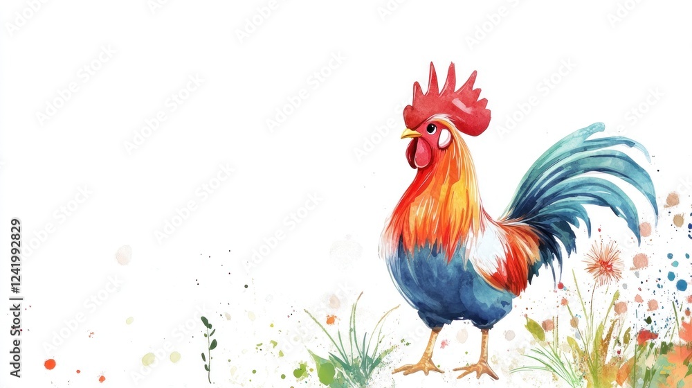 Fototapeta premium Vibrant Watercolor Rooster in Blooming Meadow