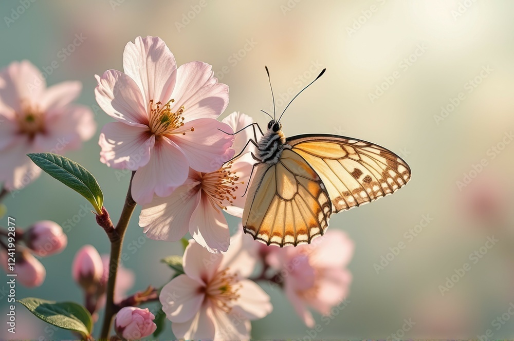 Naklejka premium Butterfly on cherry blossoms in blossoming spring garden with soft lighting