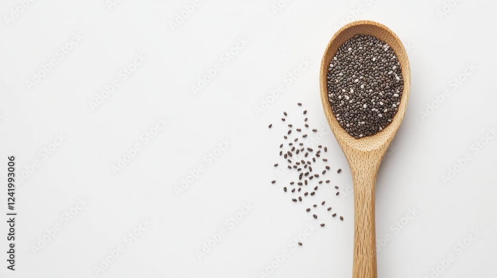 Wooden Spoon of Chia Seeds on White Background Wooden Spoon of Chia Seeds on White Background