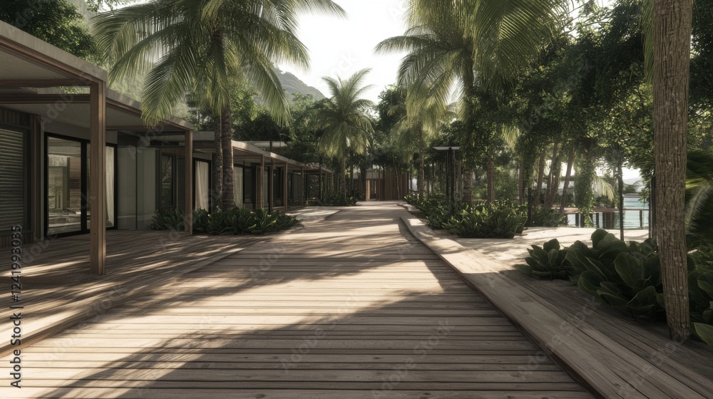 Fototapeta premium Tropical resort boardwalk, ocean view, palm trees, sunlight