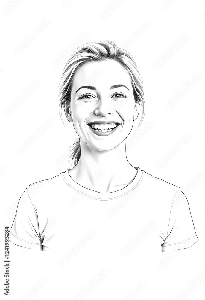 Smiling woman in a T-shirt, black and white minimalistic sketch Smiling woman in a T-shirt, black and white minimalistic sketch