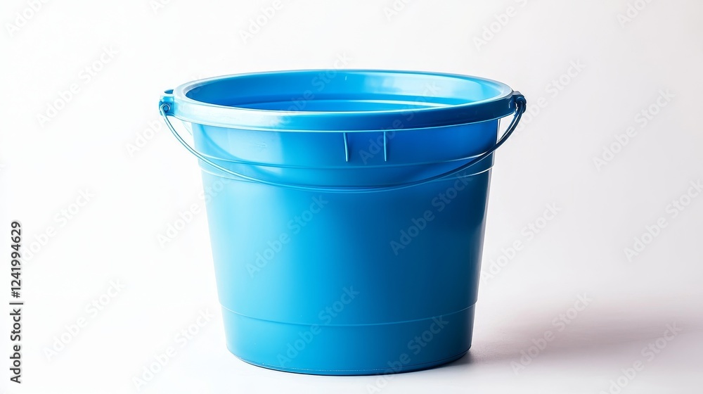 A single blue plastic gallon bucket with a glossy finish, placed upright, its handle gleaming, isolated on a clean white background A single blue plastic gallon bucket with a glossy finish, placed upright, its handle gleaming, isolated on a clean white background