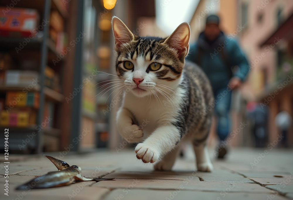Naklejka premium Katze auf der Jagd mit Fisch auf der Straße, Mensch im Hintergrund