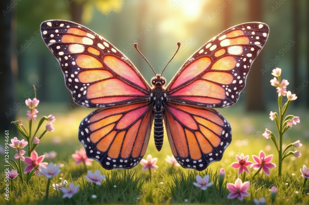 Fototapeta premium Vibrant monarch butterfly in sunlit meadow with pink wildflowers
