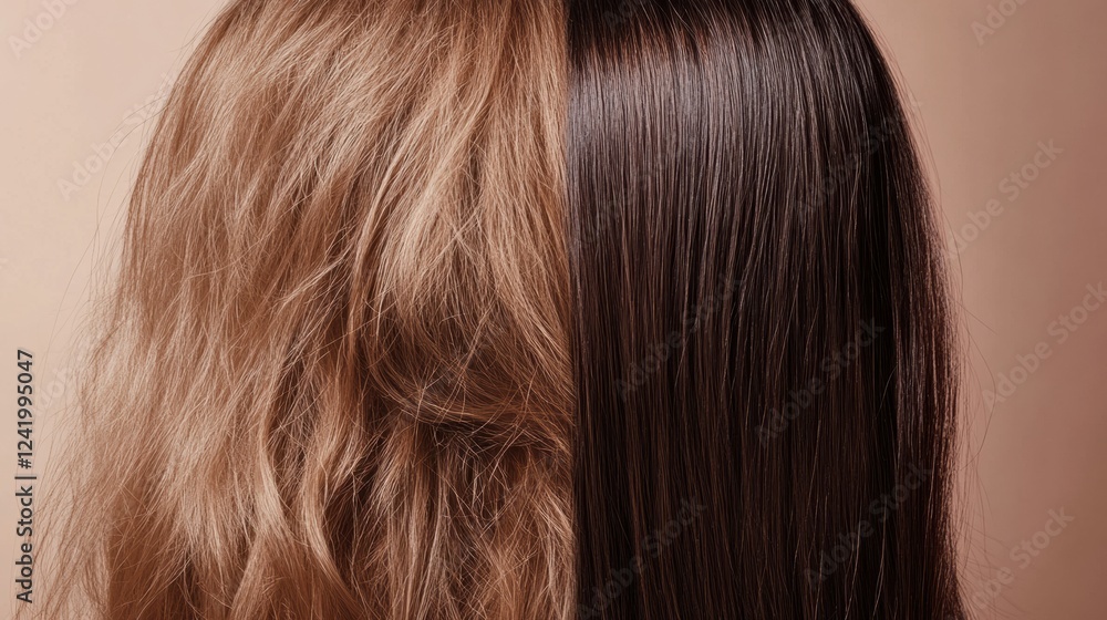 Comparison of damaged, dull hair strands versus shiny, healthy hair strands showcasing dramatic difference in texture and appearance. Generative AI