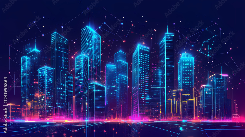 Fototapeta premium Neon mega city capital towers with futuristic technology background, future modern building virtual reality, night life style concept. generative ai. Futuristic Cities. Illustration