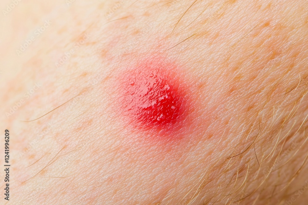 Fototapeta premium Close-up of a red spot causing itching on the human skin after an insect bite, showing potential symptoms of an allergic reaction or infection