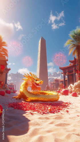 Spectacular Vector Art of Chinese Dragon Amidst Oriental Architecture with Fireworks and Obelisk on Desert Sand under Clear Sky with Red Lanterns