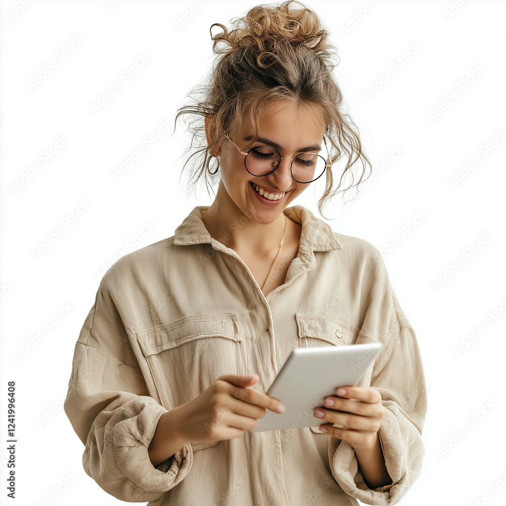 Happy, joyful, extatic human looking at a tablet, with keylight and rim light, Professional look, photography, on a white background Happy, joyful, extatic human looking at a tablet, with keylight and rim light, Professional look, photography, on a white background