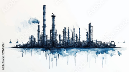 Wallpaper Mural Comprehensive Vector Illustration Depicting Industrial Oil Refinery with Smoke, Ocean, Ships, and Abstract Watercolor Effects for Energy and Environmental Topics Torontodigital.ca