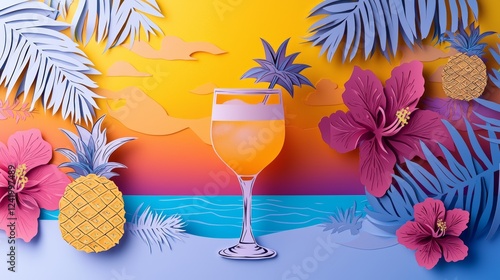 Detailed paper cut design of a cocktail glass against a sunset beach backdrop, layered gradients with tropical elements like pineapples and hibiscus flowers, Digital Content Style photo