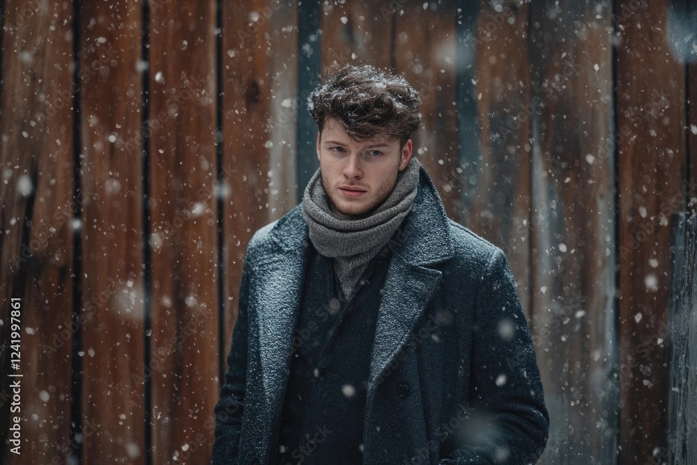 A young man stands in the snow, wearing a dark coat and scarf, against a wooden backdrop. A young man stands in the snow, wearing a dark coat and scarf, against a wooden backdrop.