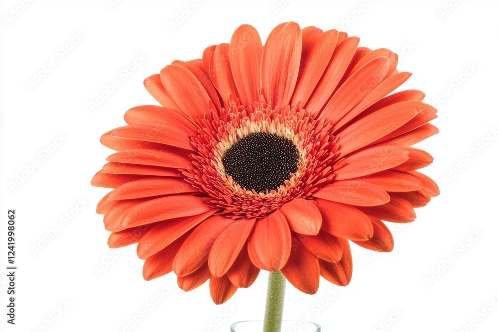 Close-up of a single, vibrant orange gerbera daisy with a dark center and delicate petals, gracefully positioned against a clean white backdrop, creating a striking contrast Close-up of a single, vibrant orange gerbera daisy with a dark center and delicate petals, gracefully positioned against a clean white backdrop, creating a striking contrast