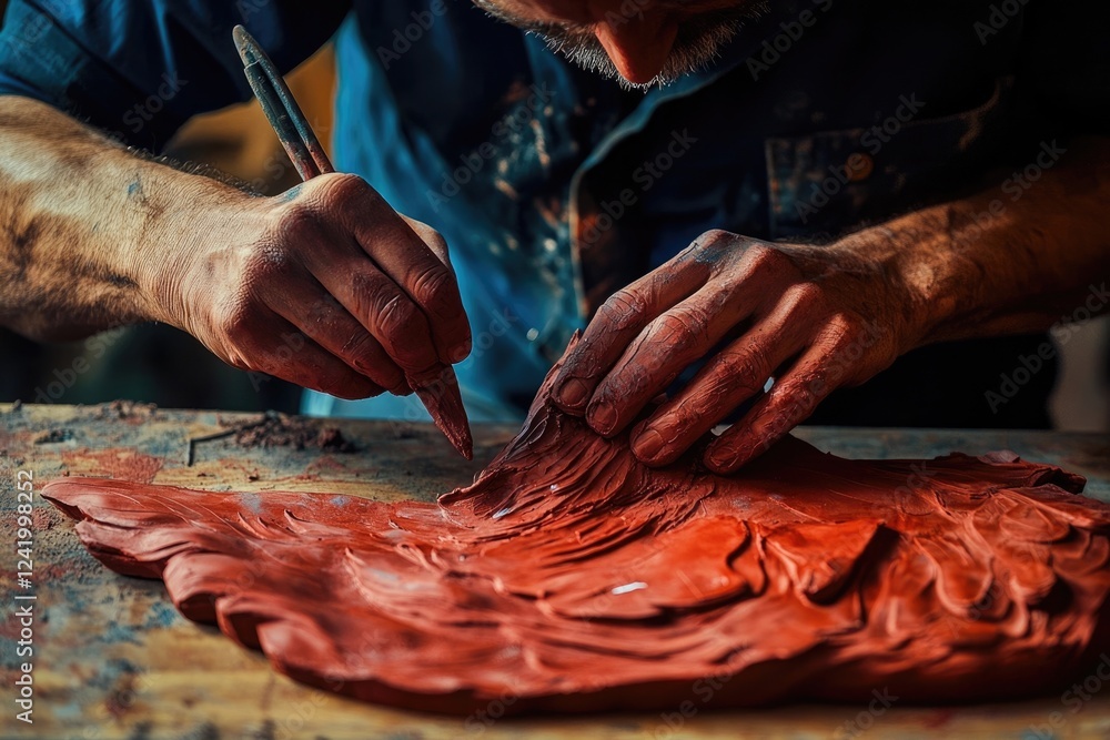 A skilled artisan meticulously sculpts a textured red clay artwork, showcasing their expertise and passion. A skilled artisan meticulously sculpts a textured red clay artwork, showcasing their expertise and passion.