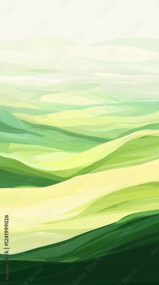 Obraz premium Green rolling hills create a serene and peaceful landscape painting, perfect for backgrounds and nature-inspired designs, evoking a sense of tranquility and freshness