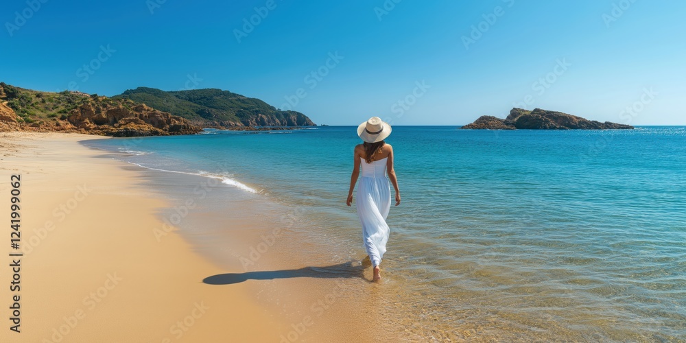 This summer scene shows a woman strolling on a sunlit beach, surrounded by ocean waves and green hills, evoking relaxation and an escape from daily stresses, inviting one to unwind This summer scene shows a woman strolling on a sunlit beach, surrounded by ocean waves and green hills, evoking relaxation and an escape from daily stresses, inviting one to unwind