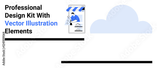 Mobile storefront with design kit tools, cloud graphic backdrop. Ideal for design, creativity, web development, e-commerce, branding, marketing, content creation flat landing page banner