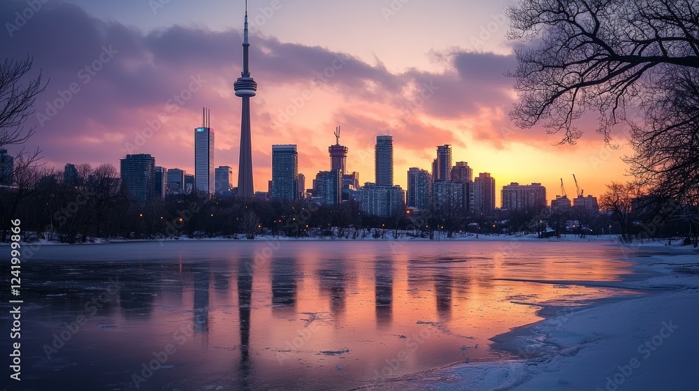 Fototapeta premium A winter skyline at sunset, reflecting warm orange and pink hues, icy lake in the foreground, serene mood