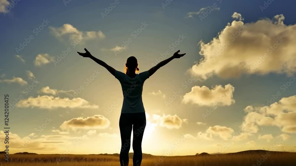 Sunset silhouette of a person embracing nature in a tranquil field with dramatic clouds in the background Sunset silhouette of a person embracing nature in a tranquil field with dramatic clouds in the background