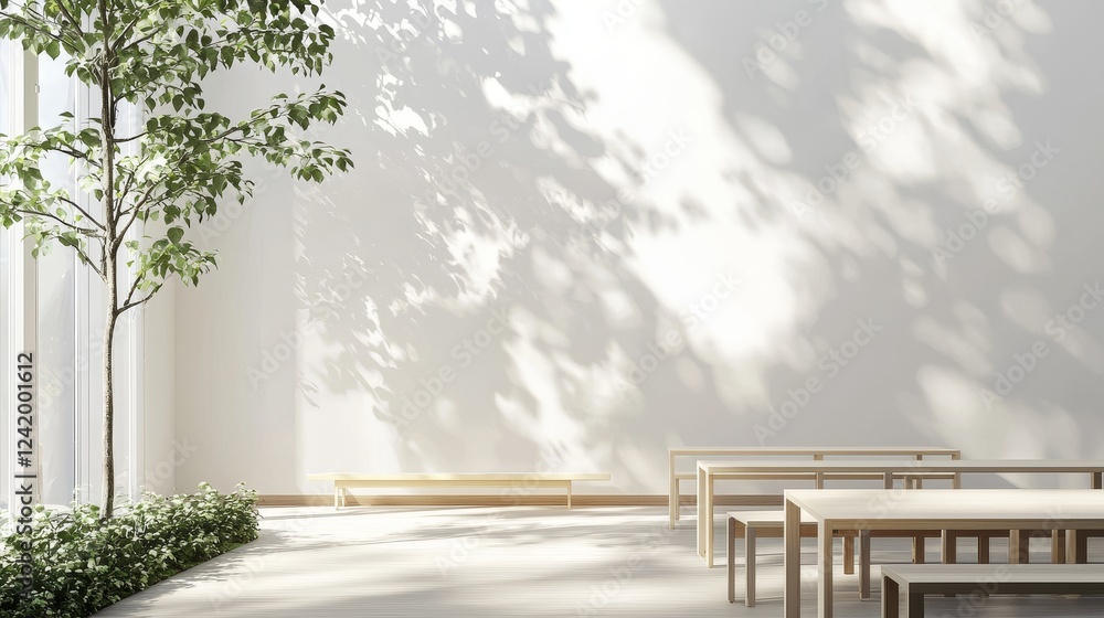 Minimalist classroom scene with empty desks, blurred window and tree shadows in the background, clean and serene environment Minimalist classroom scene with empty desks, blurred window and tree shadows in the background, clean and serene environment