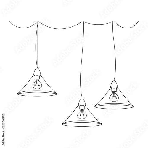 Light lampshades set, ceiling lights, lamps, drawn with continuous line in minimalism, abstract, concept of indoor lighting, apartment design, chandelier, bulbs, one line, editable vector contour