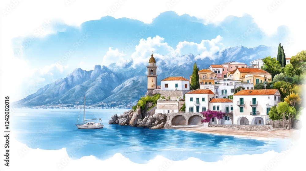 Fototapeta premium Scenic coastal village with colorful houses, mountains, and a sailboat under a bright blue sky