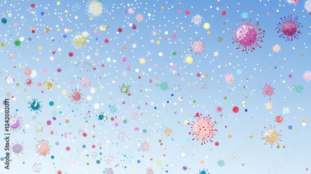 High-detail flat design of virus particles in different colors and shapes, scattered across a soft blue gradient background High-detail flat design of virus particles in different colors and shapes, scattered across a soft blue gradient background