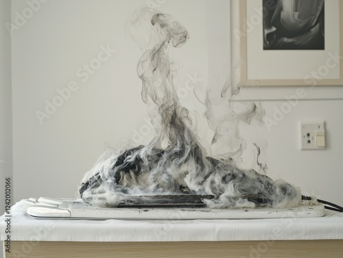 A wrinkled shirt on an ironing board, with a visible burn mark and smoke spiraling upward, the iron left slightly tilted, a moment of accidental chaos photo