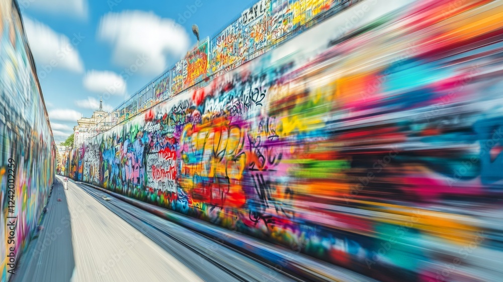 Fototapeta premium Vibrant Graffiti Art on Urban Wall with Motion Blur Effect