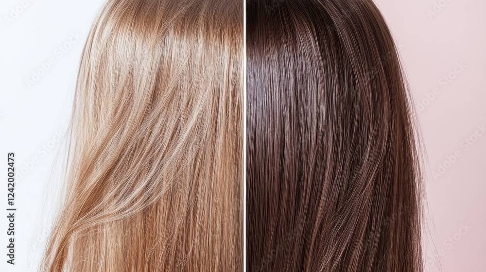 Comparison of damaged dull hair strands versus shiny healthy hair strands under natural lighting. Generative AI Comparison of damaged dull hair strands versus shiny healthy hair strands under natural lighting. Generative AI