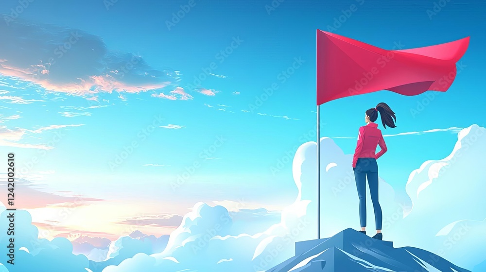 Obraz premium International Women's Day Inspiration Leadership Strength Woman standing on mountain top with red flag.