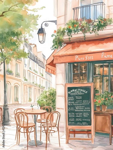 Charming watercolor illustration of a cozy Parisian Street café with outdoor tables, handwritten menu boards, and warm light on a quiet cobblestone alley.