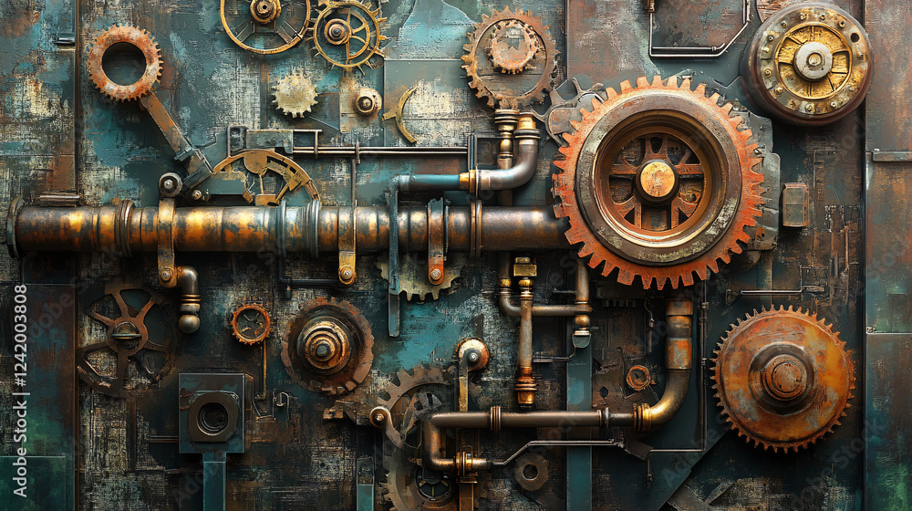 intricate steampunk mechanical wall featuring interlocking gears rusted pipes and industrial details in a vintage metallic aesthetic
intricate steampunk mechanical wall featuring interlocking gears rusted pipes and industrial details in a vintage metallic aesthetic
