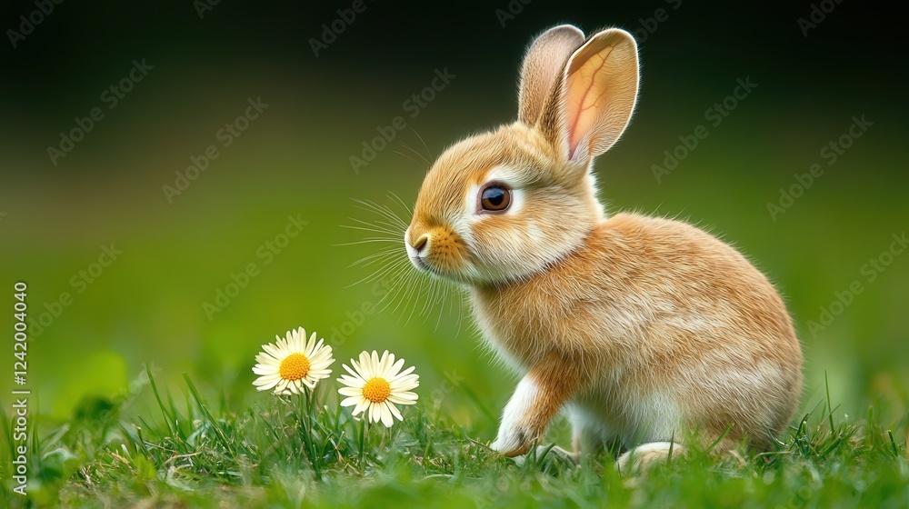 Portrait photo of a wild brown rabbit with daisies, standing in the grass with raised ears and cautiously listening to the surroundings, landscape, copy space Portrait photo of a wild brown rabbit with daisies, standing in the grass with raised ears and cautiously listening to the surroundings, landscape, copy space