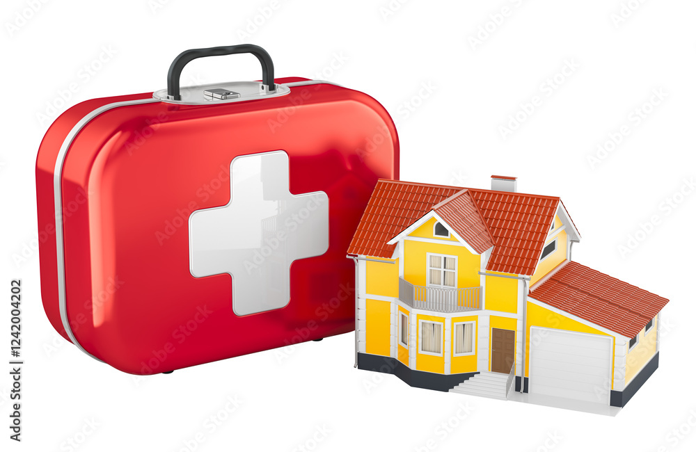 Emergency medical service, concept. First Aid Kit with home. 3D rendering isolated on transparent background