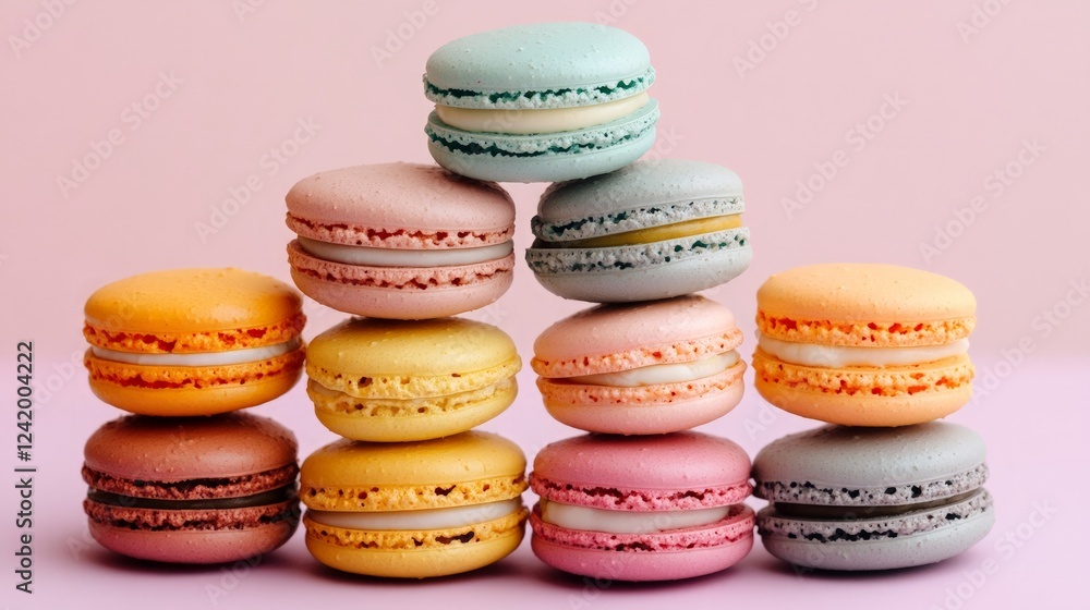 Fototapeta premium Colorful Macarons Stacked on a Soft Pink Background for Dessert Lovers